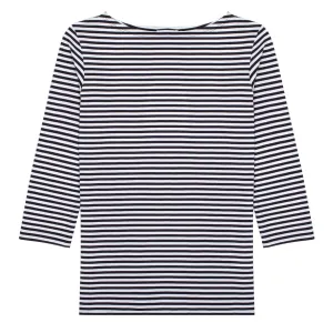 Sunspel Womens 3/4 Sleeve Boat Neck T-Shirt White / Navy Stripe