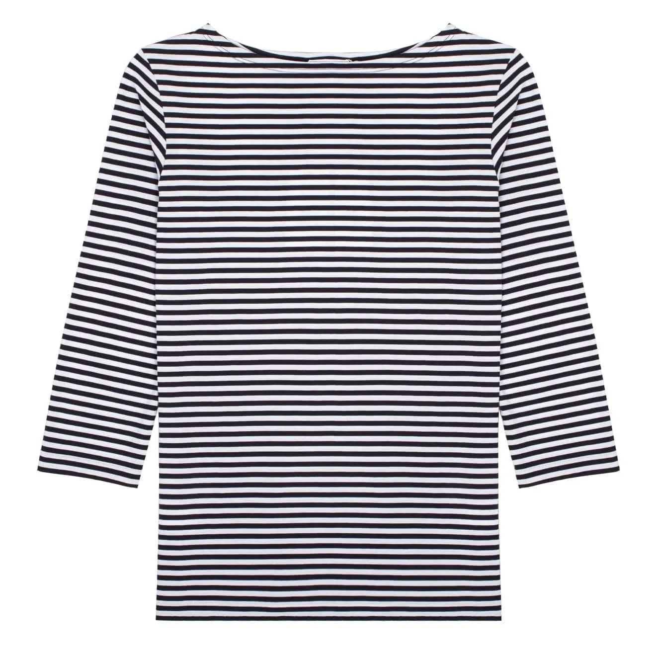 Sunspel Womens 3/4 Sleeve Boat Neck T-Shirt White / Navy Stripe