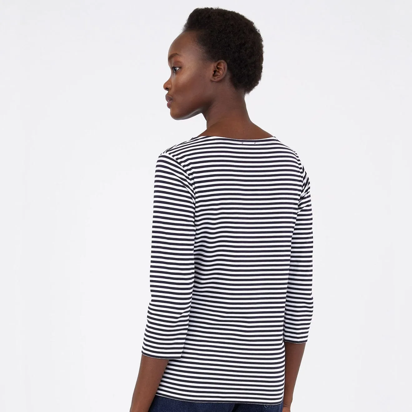 Sunspel Womens 3/4 Sleeve Boat Neck T-Shirt White / Navy Stripe