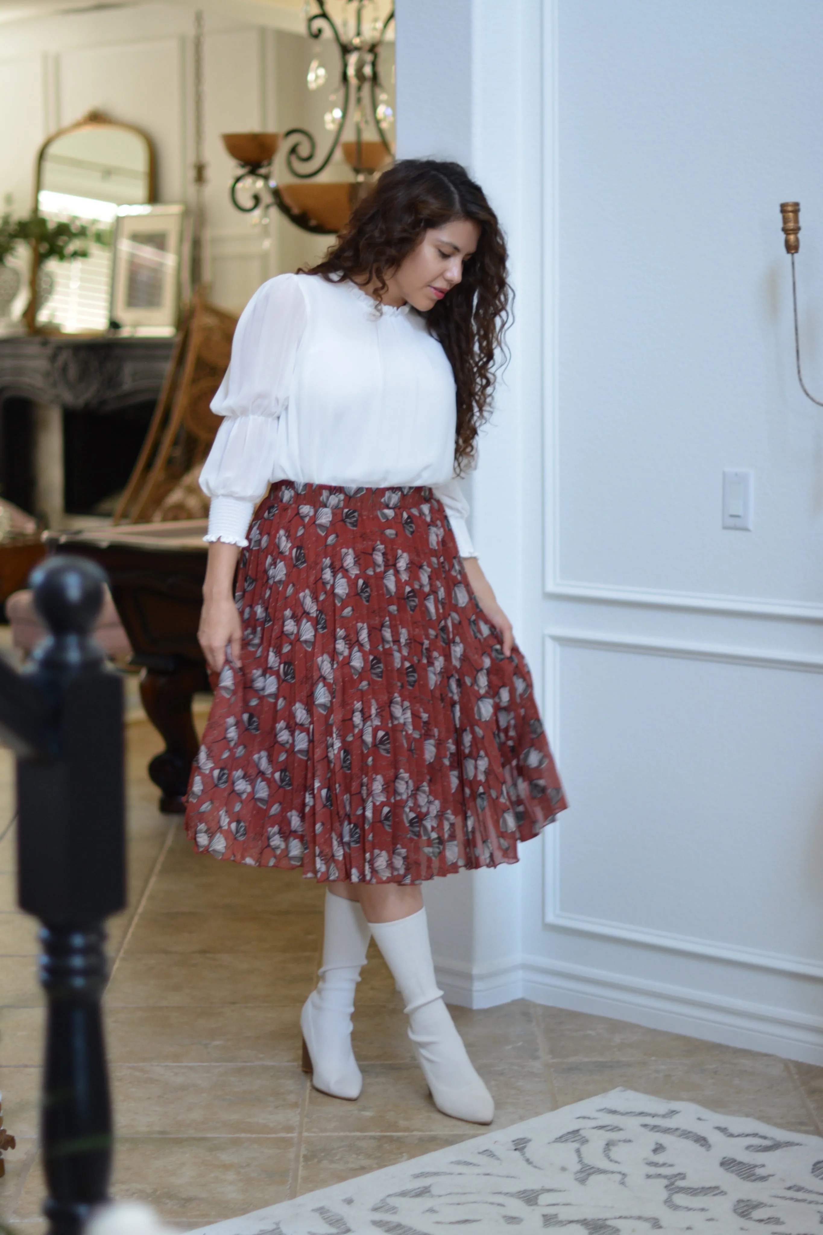 Tawny Rust Floral Pleated Skirt