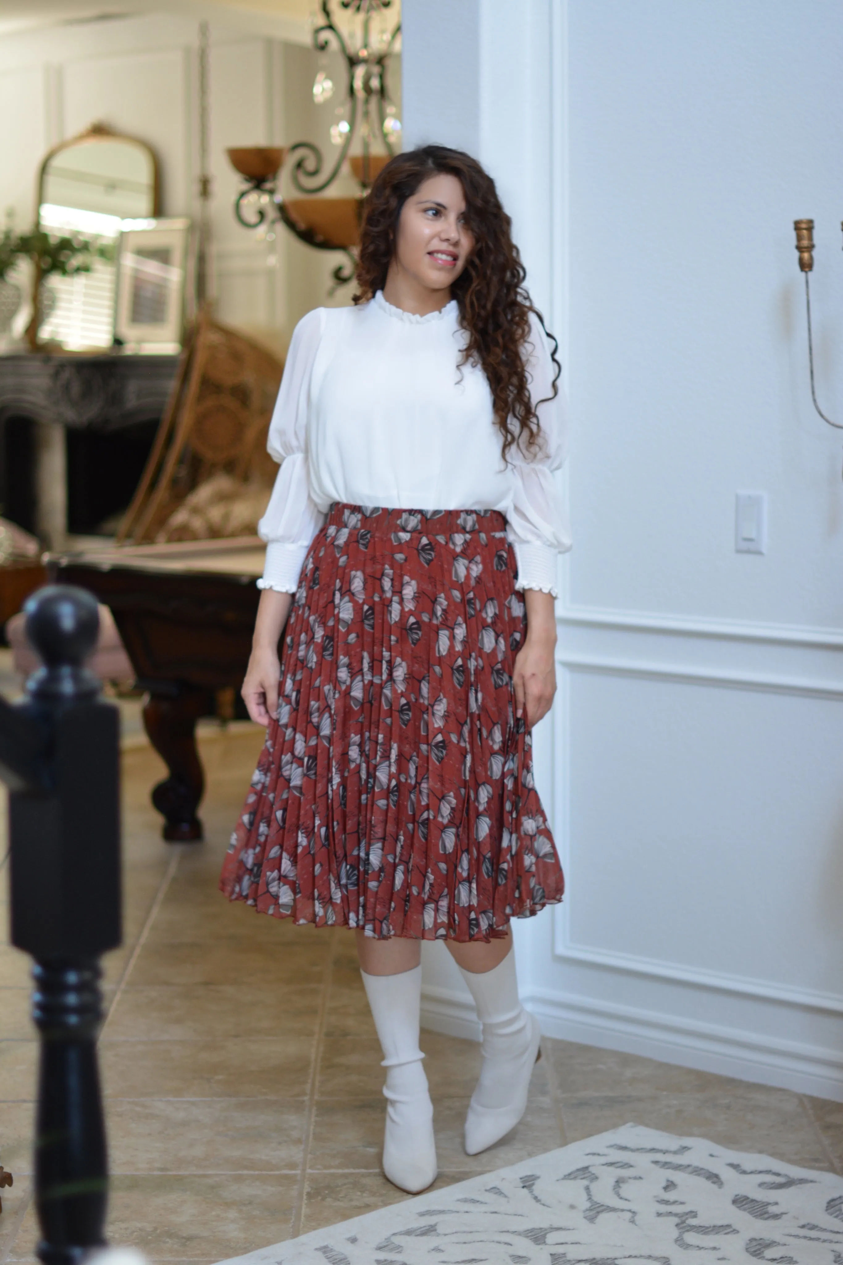 Tawny Rust Floral Pleated Skirt
