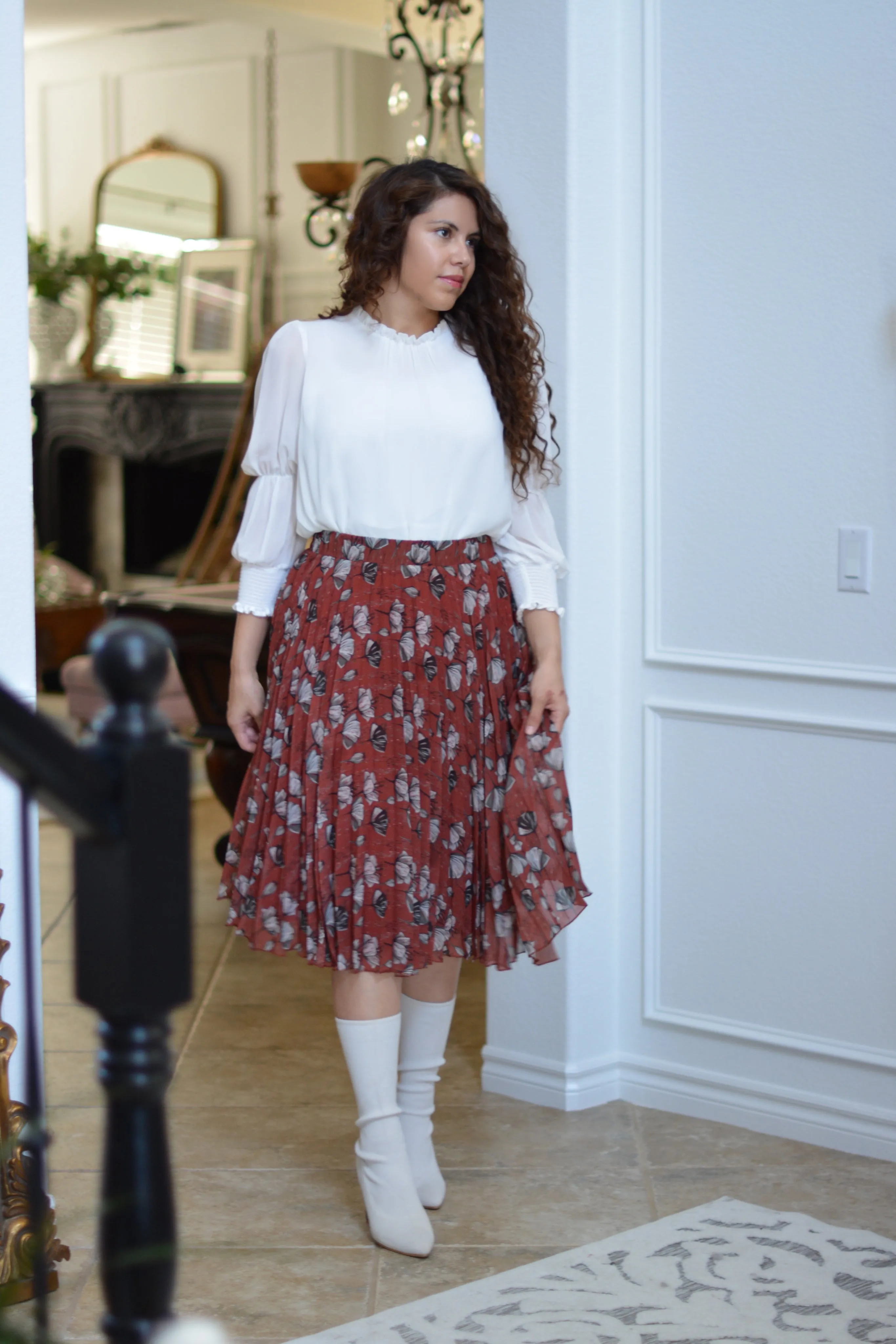 Tawny Rust Floral Pleated Skirt