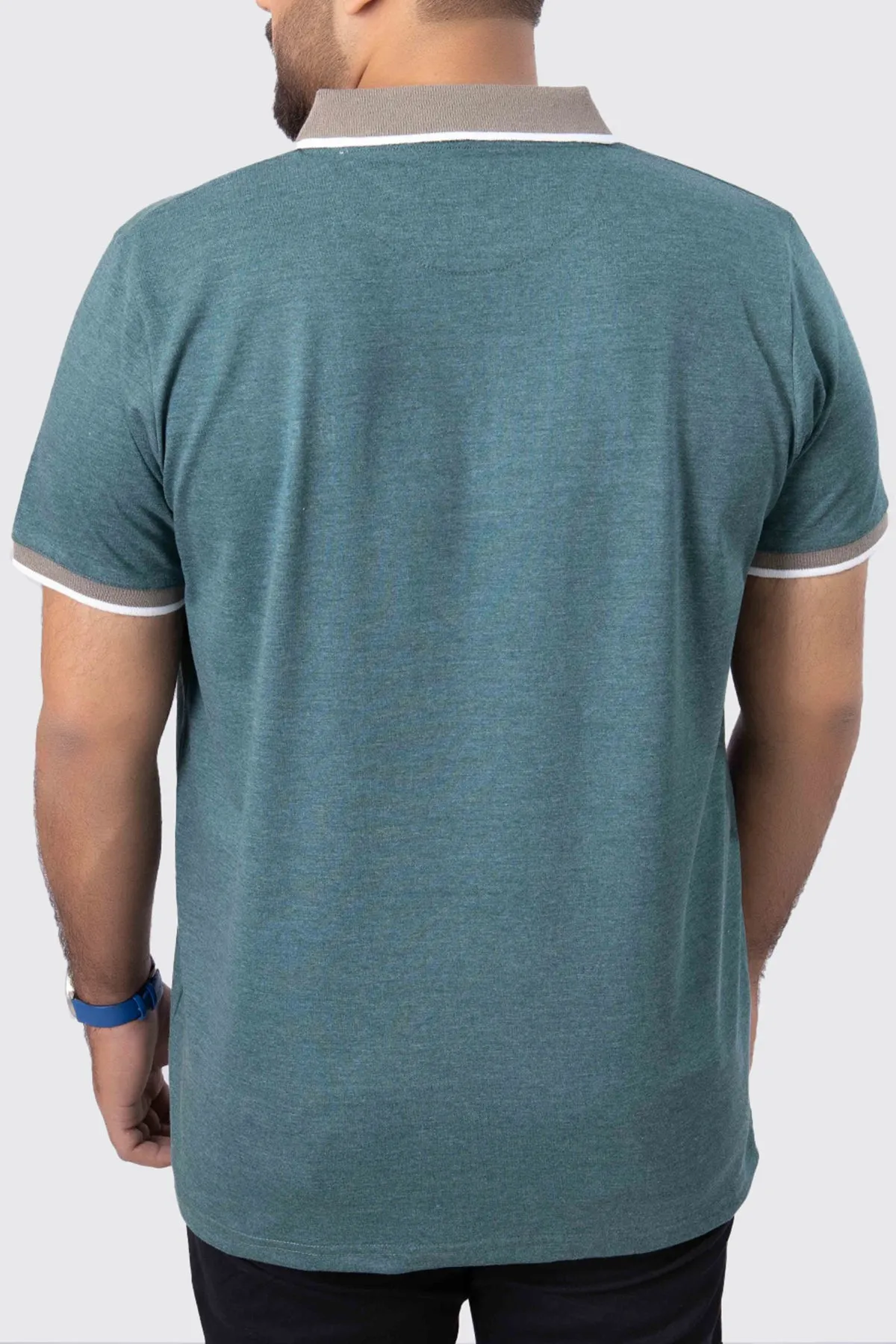 Teal Melange Contrast Zipper Embroidered Polo Shirt - A23 - MP0211R