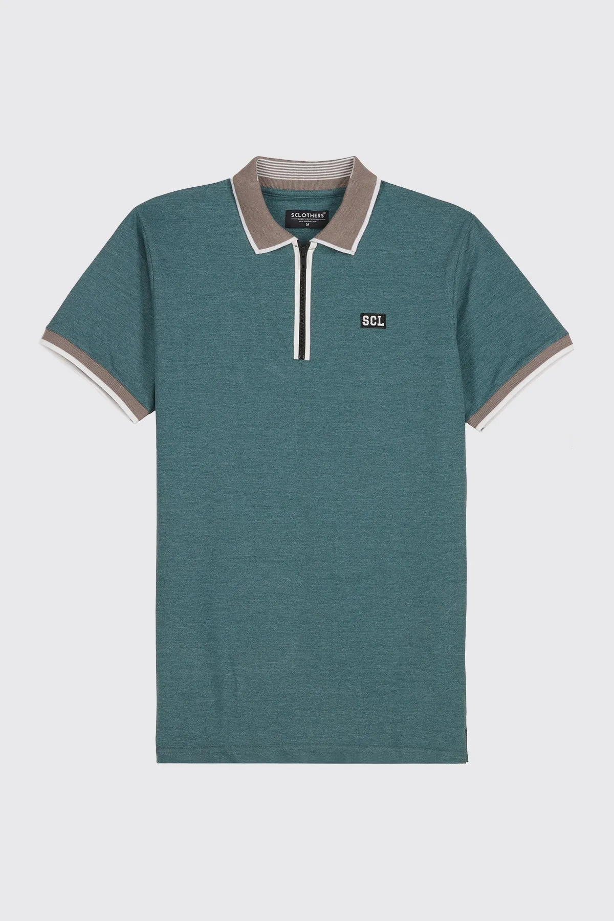 Teal Melange Contrast Zipper Embroidered Polo Shirt - A23 - MP0211R