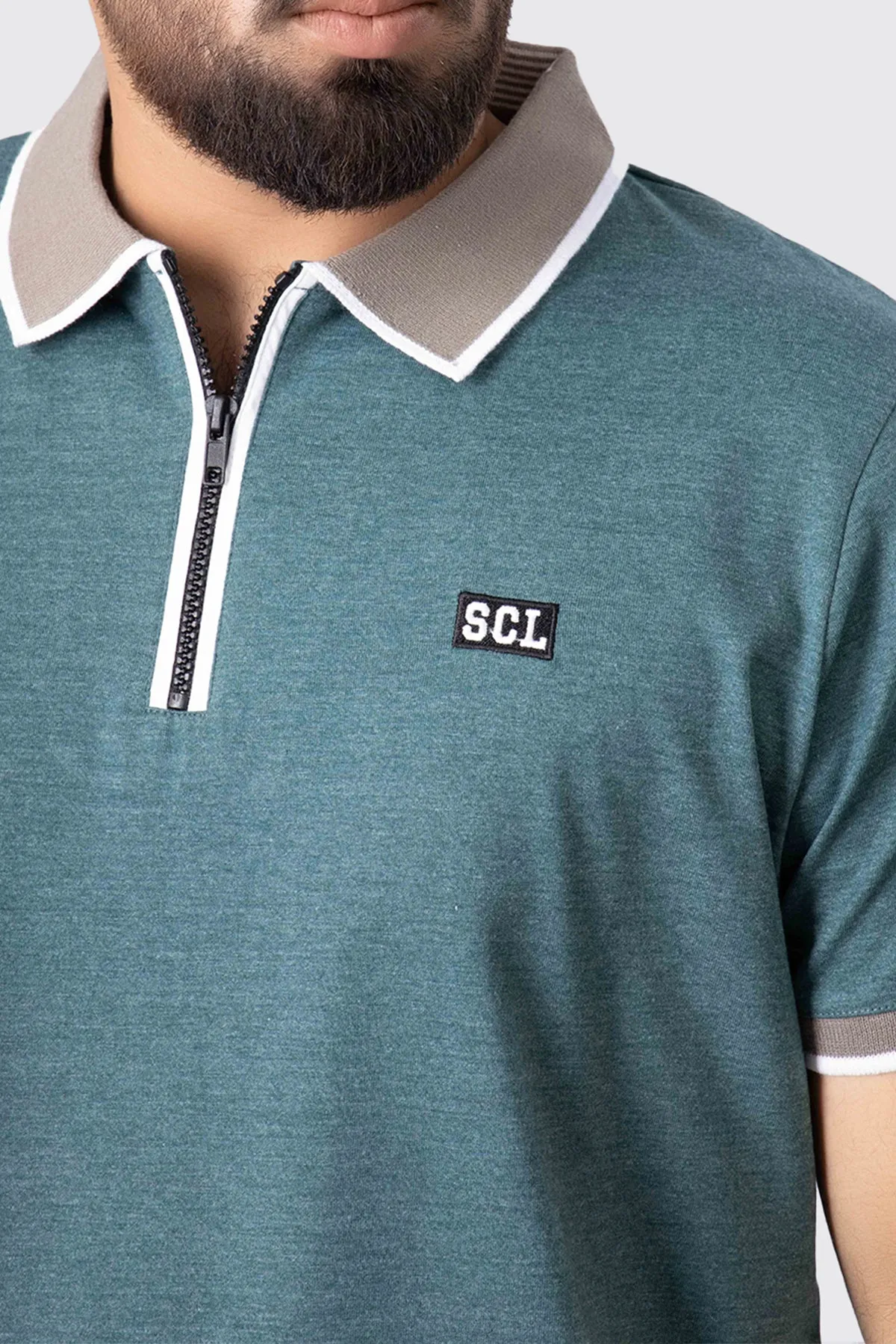 Teal Melange Contrast Zipper Embroidered Polo Shirt - A23 - MP0211R
