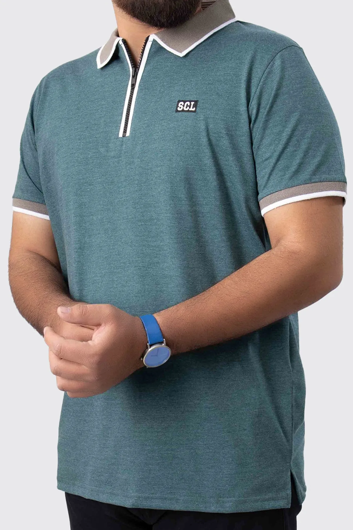 Teal Melange Contrast Zipper Embroidered Polo Shirt - A23 - MP0211R