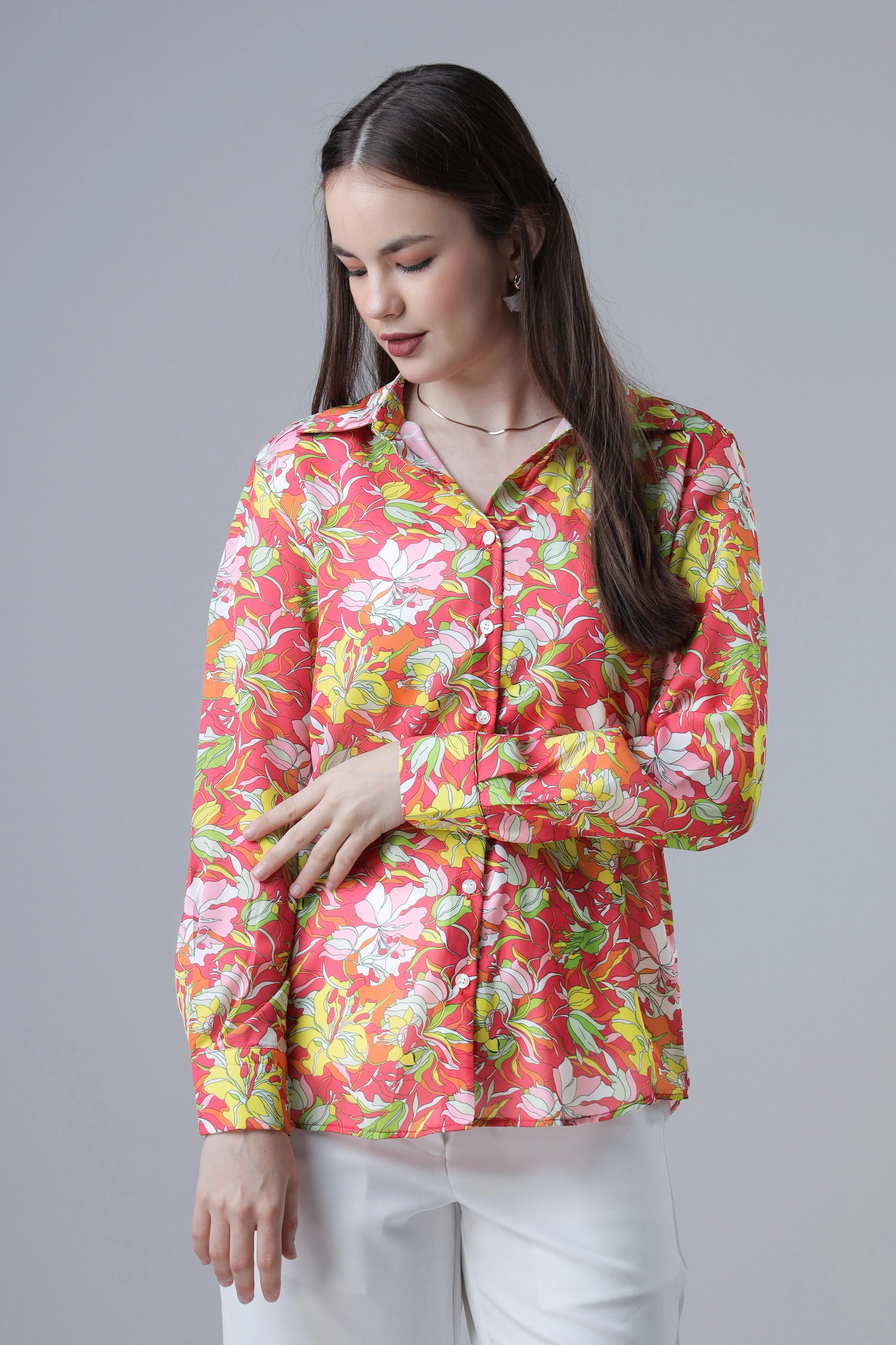 Trendy Red Spread Collar Floral Casual Shirt