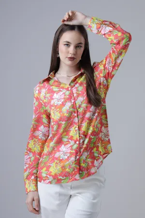 Trendy Red Spread Collar Floral Casual Shirt