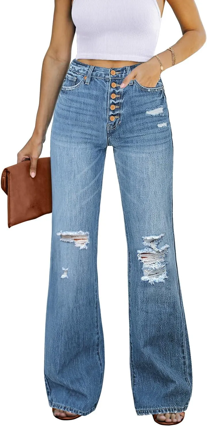 Utyful Women's High Waist Relaxed Fit Ripped Jeans Stretchy Flare Jeans Denim Pants