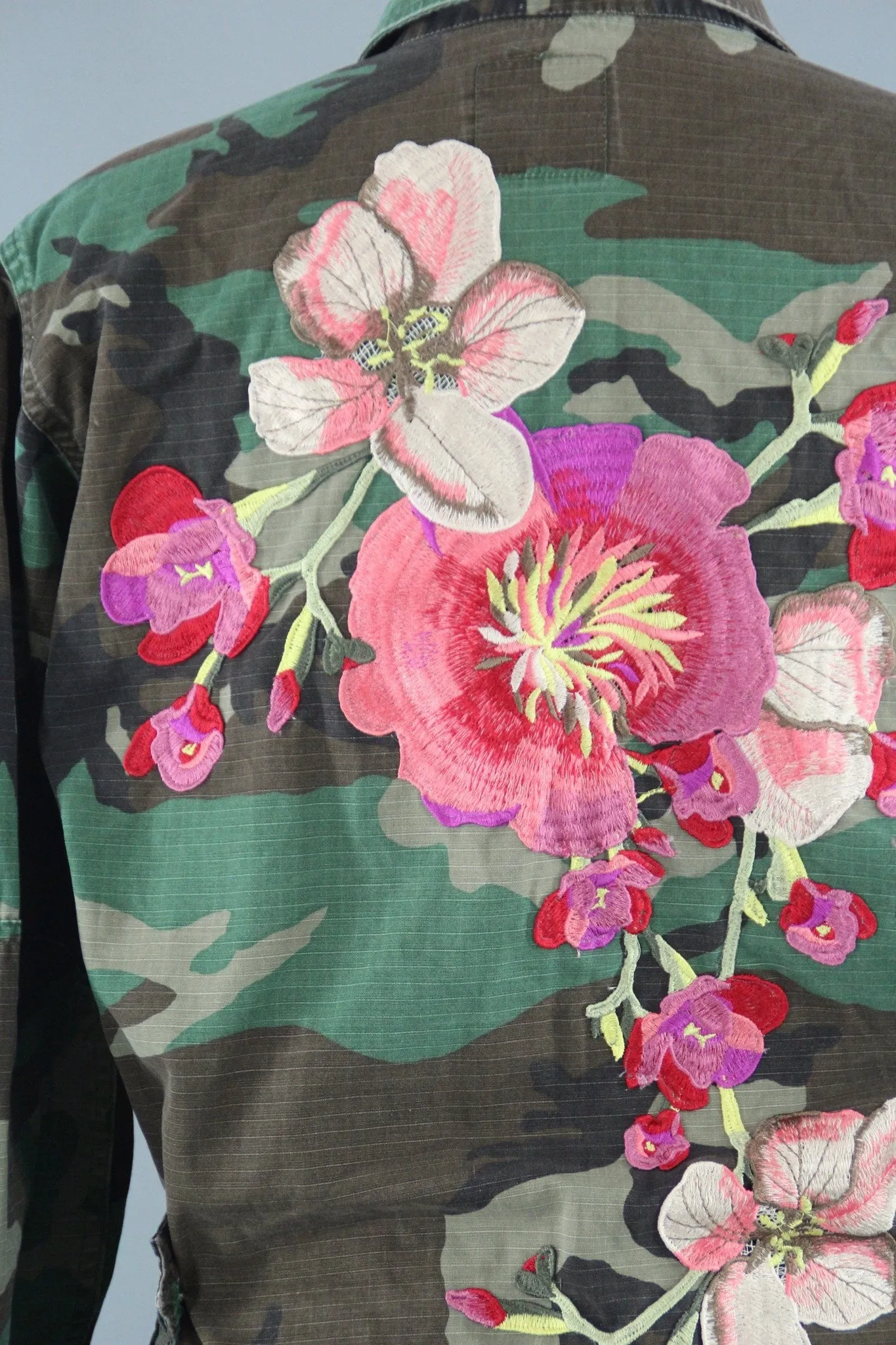 Vintage Army Camouflage Military Jacket with Large Peach Pink Floral Embroidery