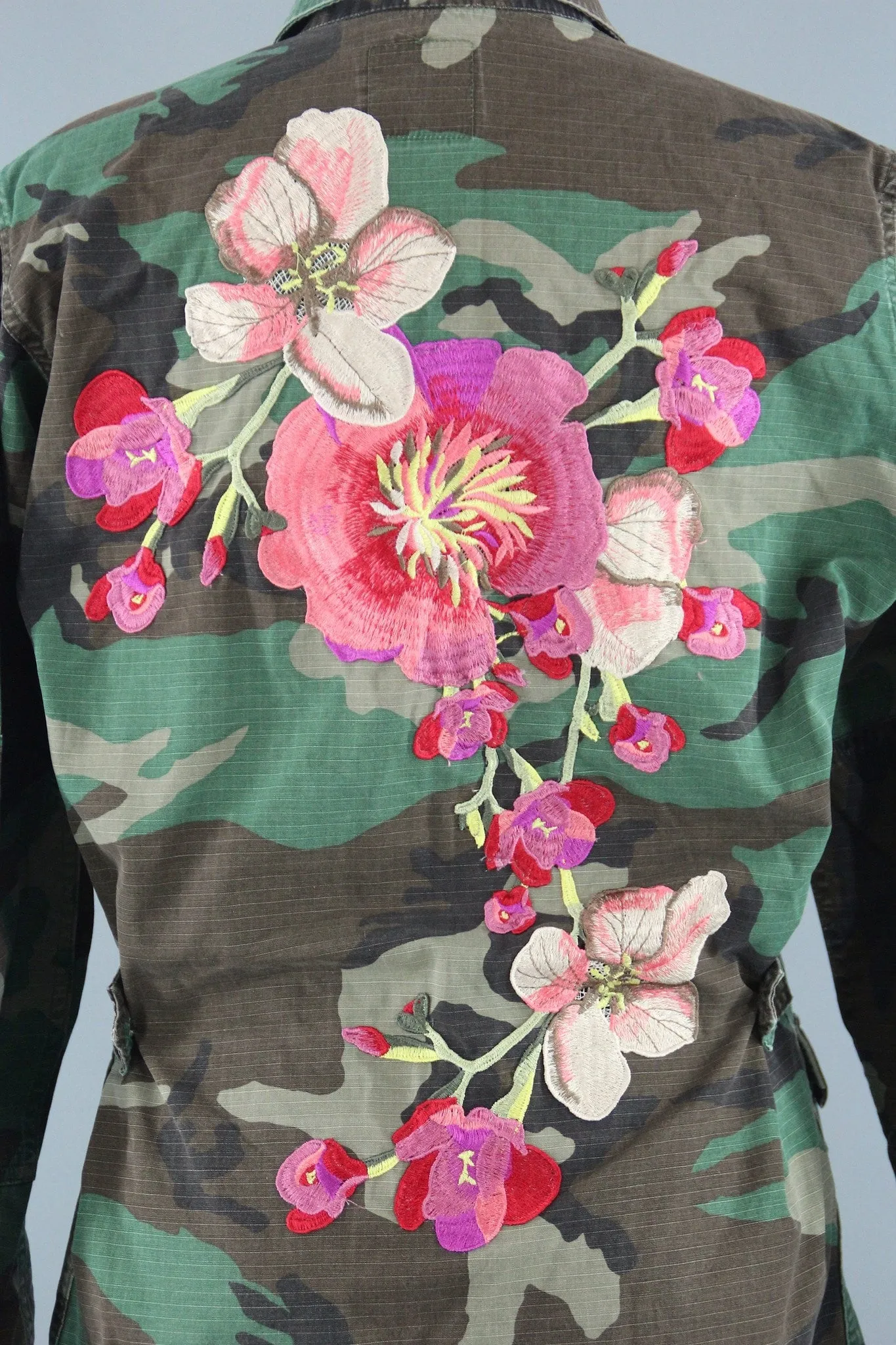 Vintage Army Camouflage Military Jacket with Large Peach Pink Floral Embroidery