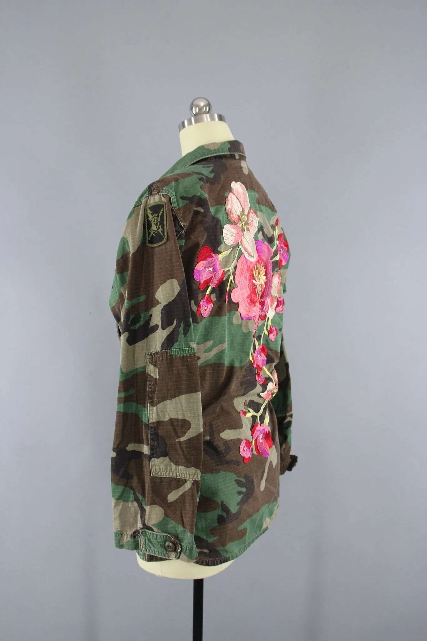 Vintage Army Camouflage Military Jacket with Large Peach Pink Floral Embroidery