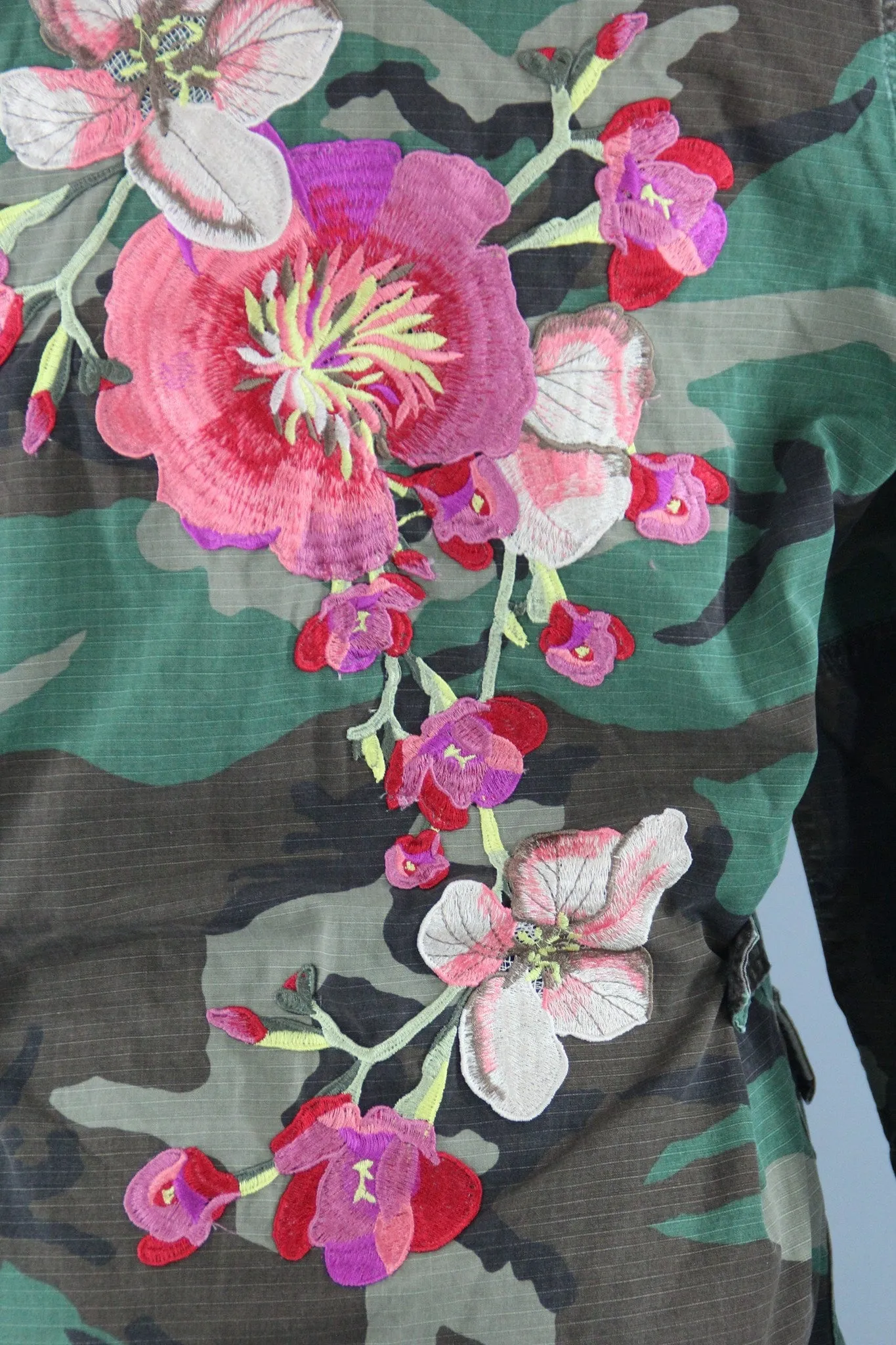 Vintage Army Camouflage Military Jacket with Large Peach Pink Floral Embroidery
