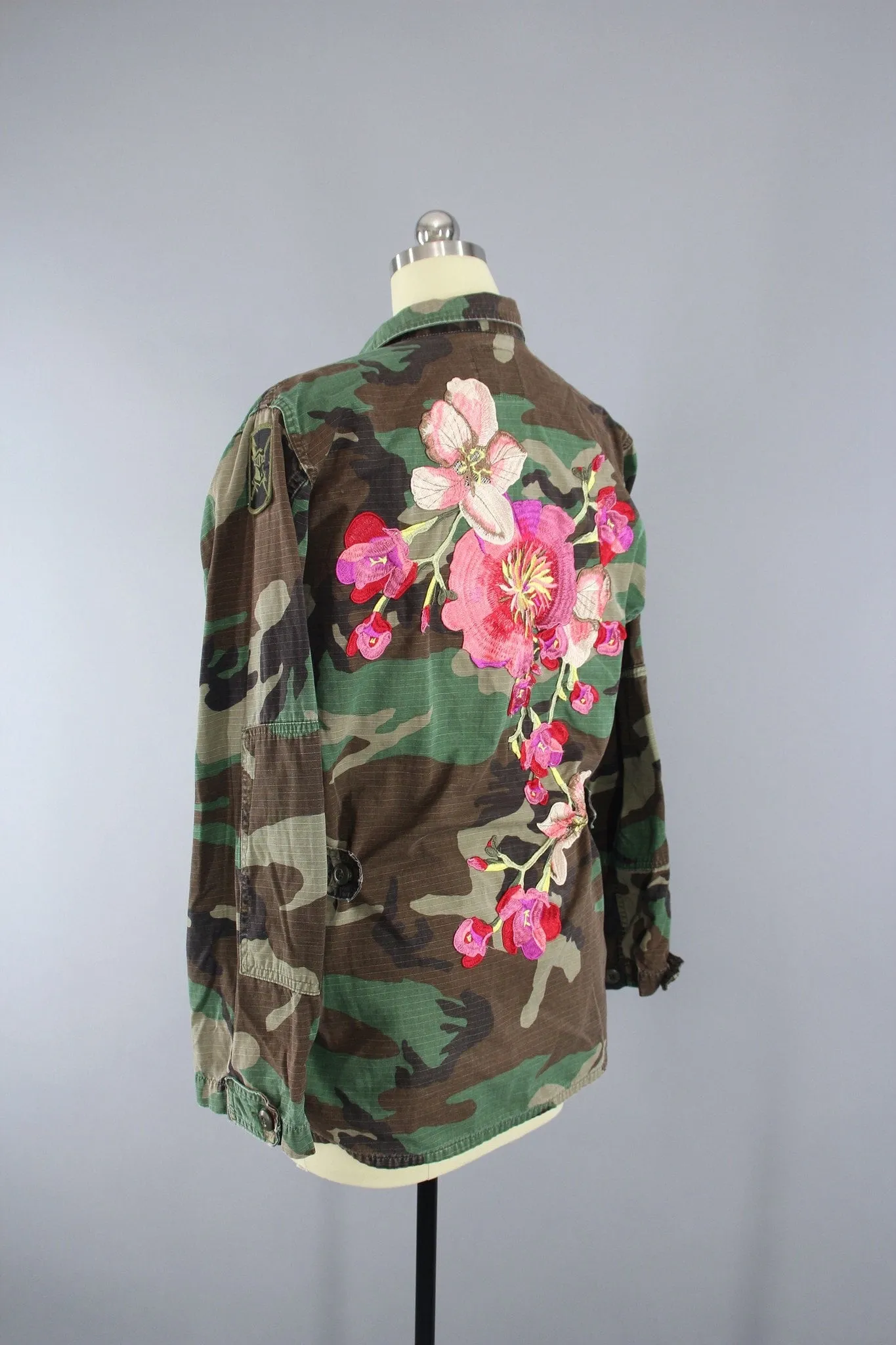 Vintage Army Camouflage Military Jacket with Large Peach Pink Floral Embroidery