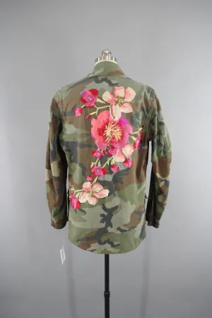 Vintage US Marines Embroidered Camouflage Jacket with Pink & Peach Floral Embroidery