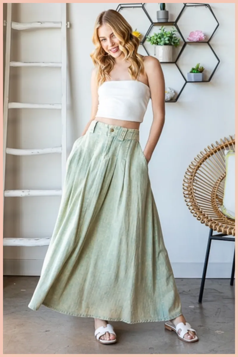 Washed Pleated Maxi Skirt
