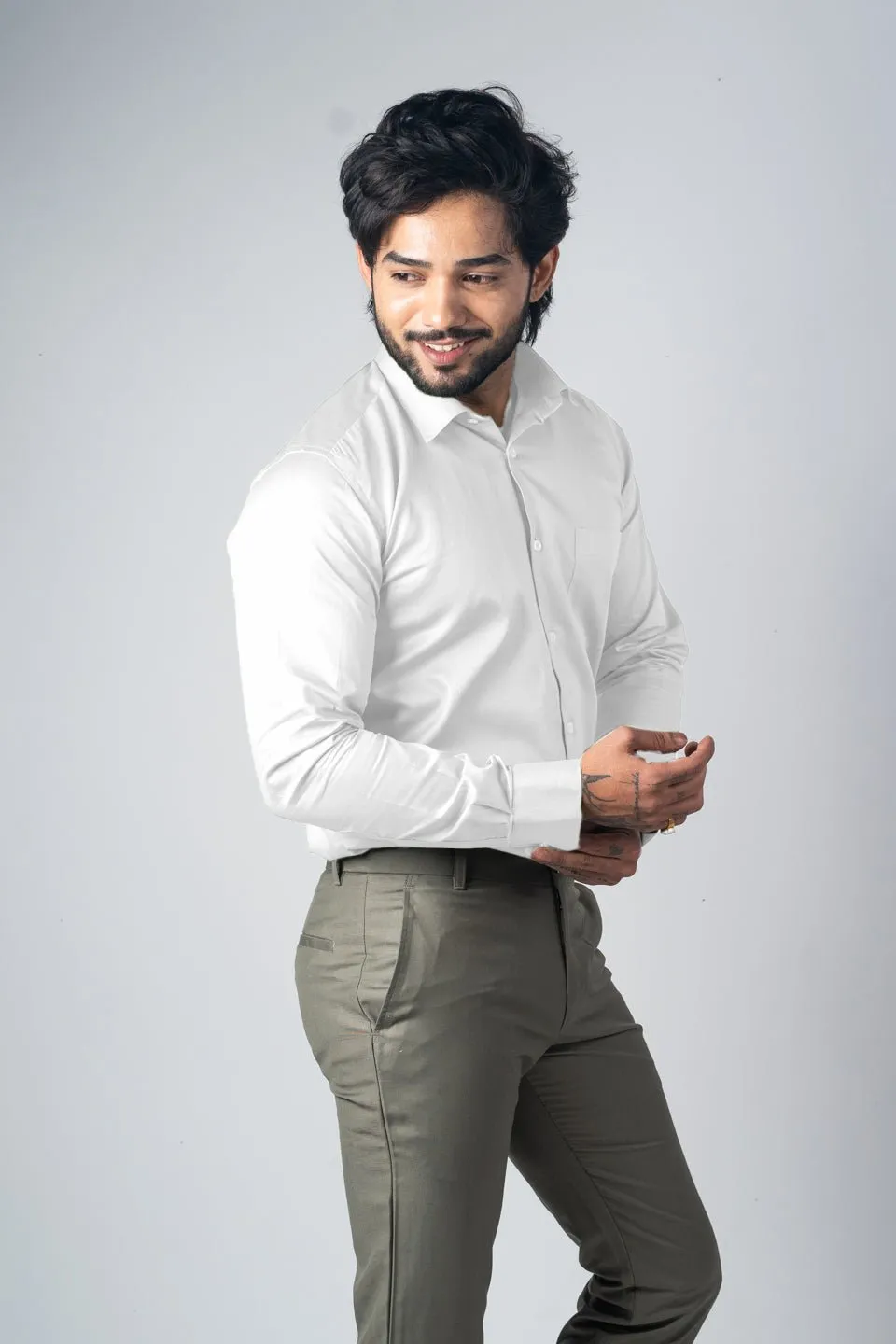 White Color Micro Checks Texture Satin Cotton Shirt For Men