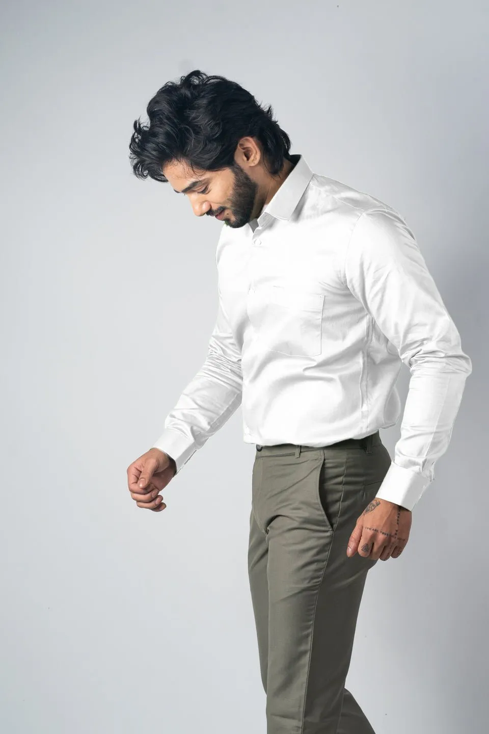 White Color Micro Checks Texture Satin Cotton Shirt For Men