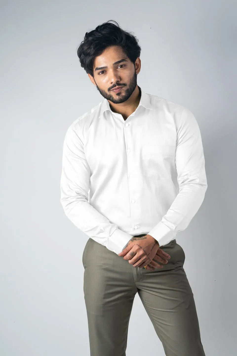 White Color Micro Checks Texture Satin Cotton Shirt For Men