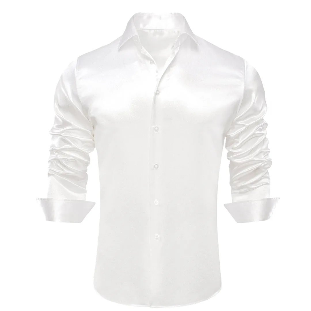 White Men's Shiny Satin Silk Dress Shirt Long Sleeve Casual Slim Fit
