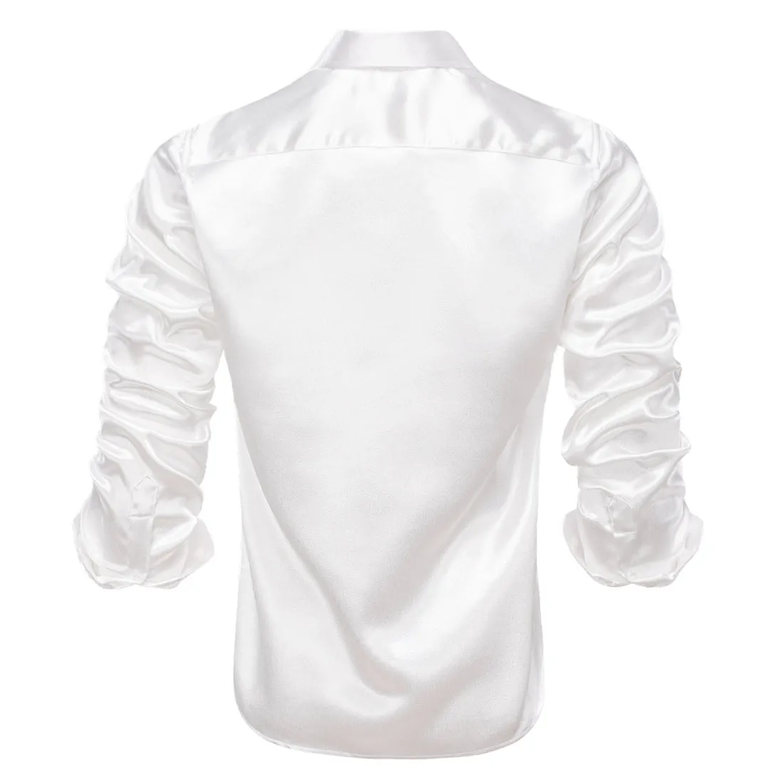 White Men's Shiny Satin Silk Dress Shirt Long Sleeve Casual Slim Fit