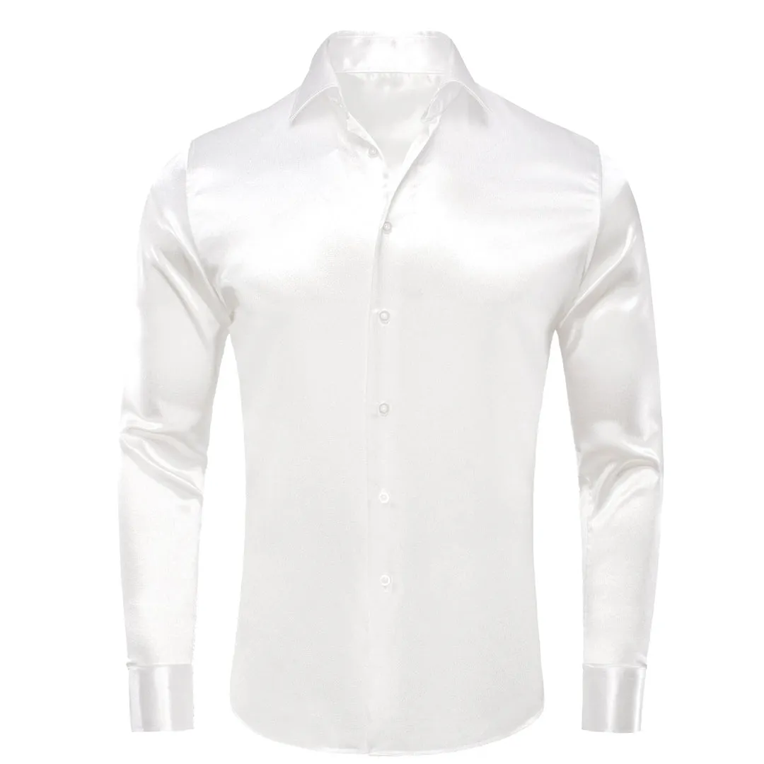 White Men's Shiny Satin Silk Dress Shirt Long Sleeve Casual Slim Fit