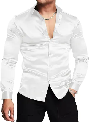 White Men's Shiny Satin Silk Dress Shirt Long Sleeve Casual Slim Fit