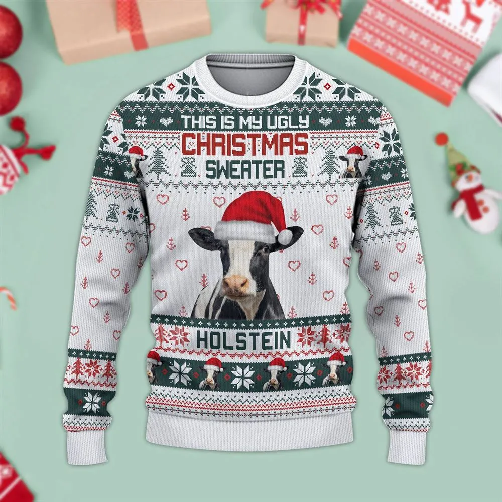 White Pattern Holstein Green Ugly Christmas Sweater, Sweater Gifts For Pet Loves, Farmers Sweater