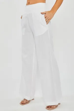 White Woven Solid Long Pants