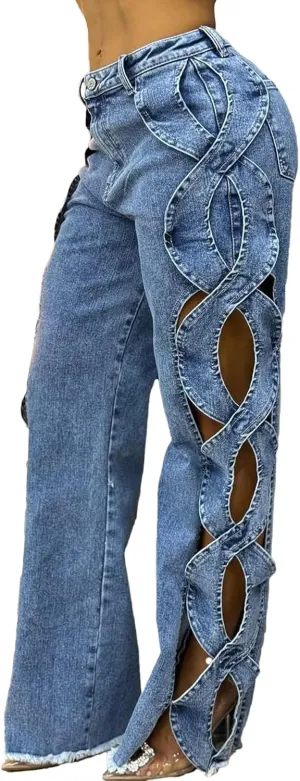 Women High Waisted Jeans Y2k Trendy Sexy Hollow Out Wide Straight Leg Cutout Baggy Jeans