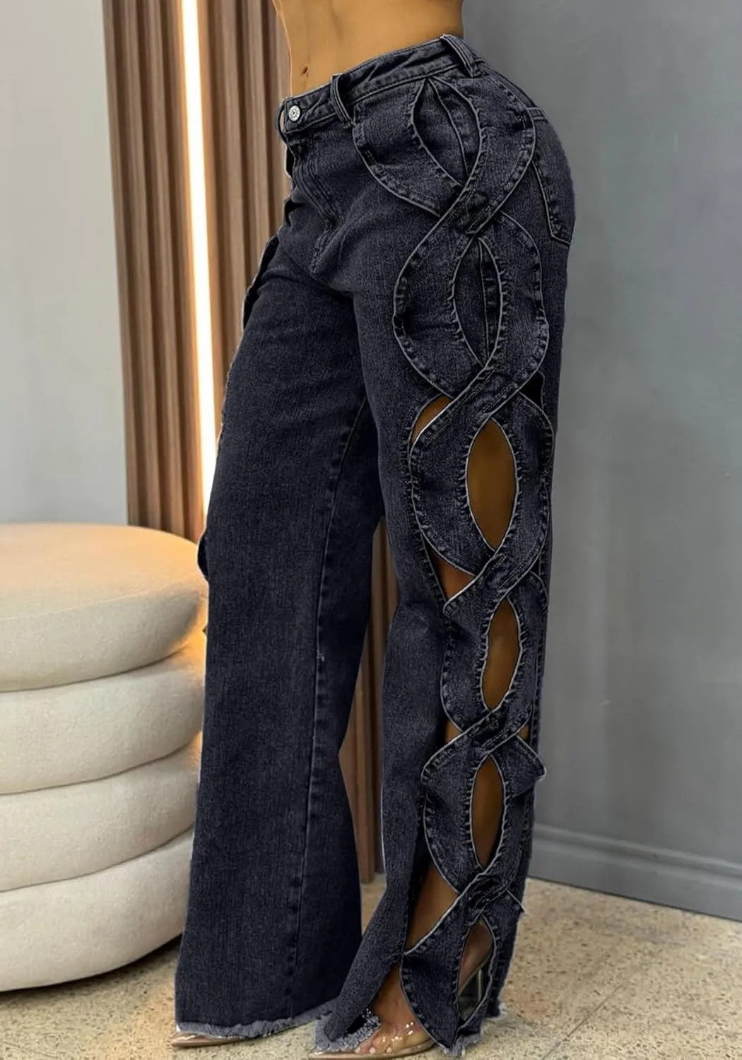Women High Waisted Jeans Y2k Trendy Sexy Hollow Out Wide Straight Leg Cutout Baggy Jeans