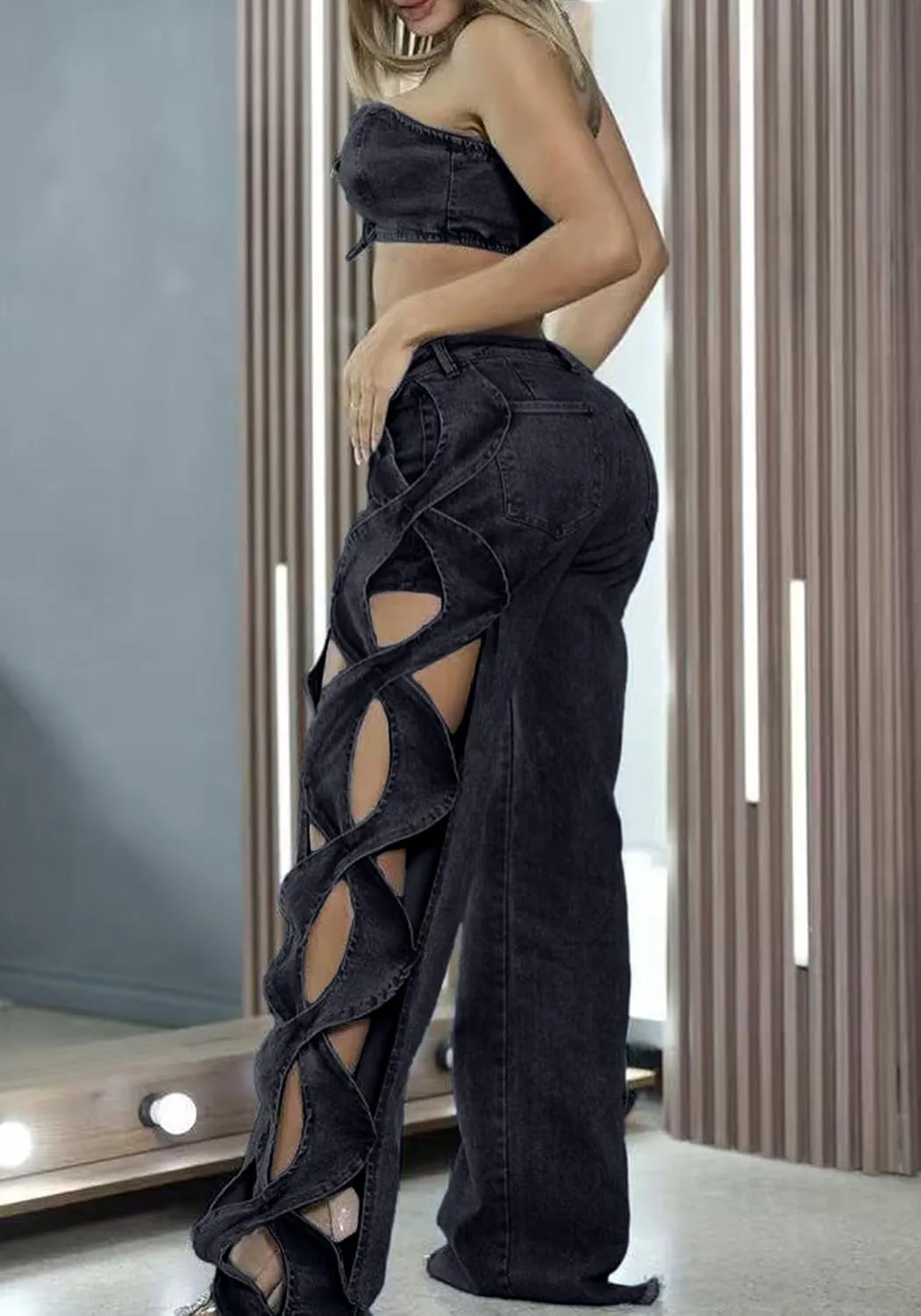 Women High Waisted Jeans Y2k Trendy Sexy Hollow Out Wide Straight Leg Cutout Baggy Jeans