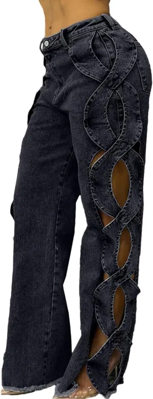 Women High Waisted Jeans Y2k Trendy Sexy Hollow Out Wide Straight Leg Cutout Baggy Jeans