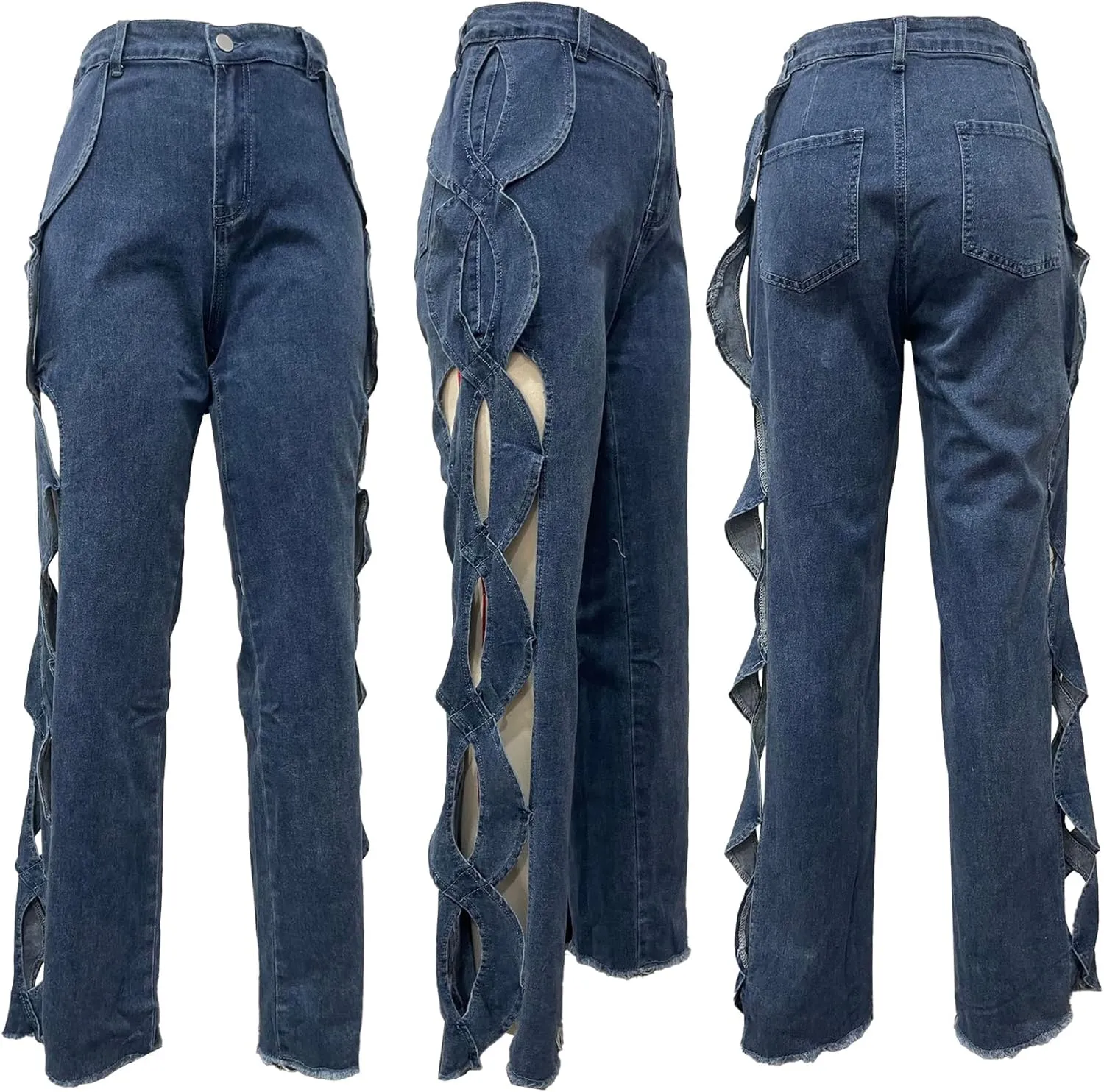 Women High Waisted Jeans Y2k Trendy Sexy Hollow Out Wide Straight Leg Cutout Baggy Jeans