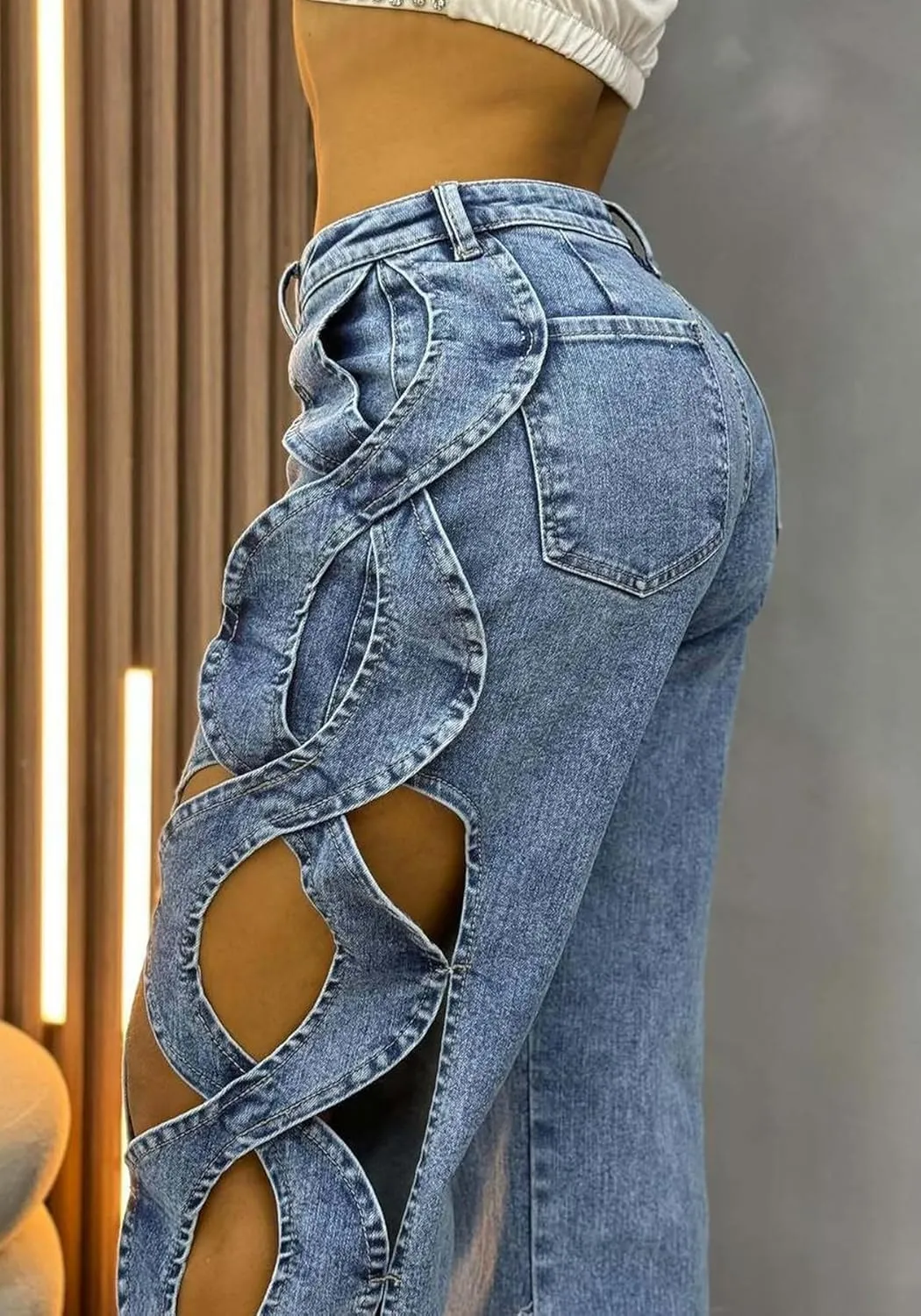 Women High Waisted Jeans Y2k Trendy Sexy Hollow Out Wide Straight Leg Cutout Baggy Jeans
