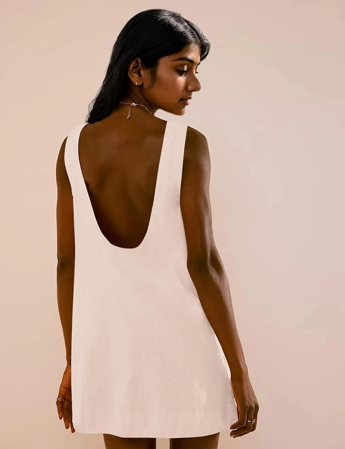 Women Summer Sleeveless Open Back Mini Shift Dress Tunic Scoop Neck Tank Short Cotton Linen Dress Casual Beach Dress