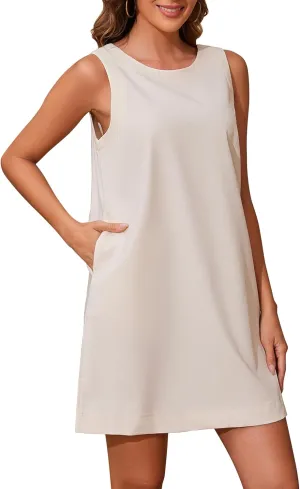 Women Summer Sleeveless Open Back Mini Shift Dress Tunic Scoop Neck Tank Short Cotton Linen Dress Casual Beach Dress
