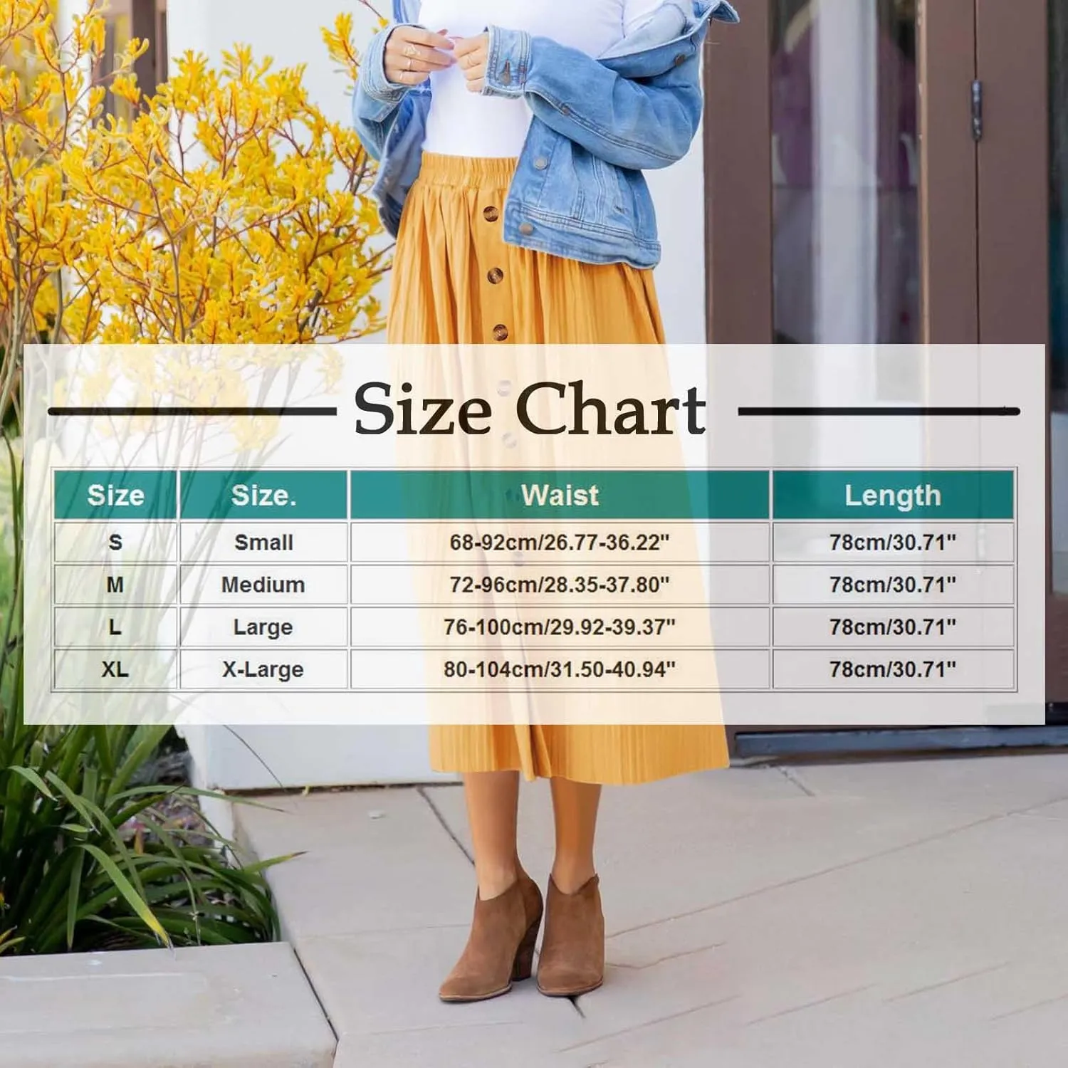 Women's Casual Elastic High Waisted Button Decor Skirt A-Line Pleated Flowy Beach Vacation Midi Long Skirts