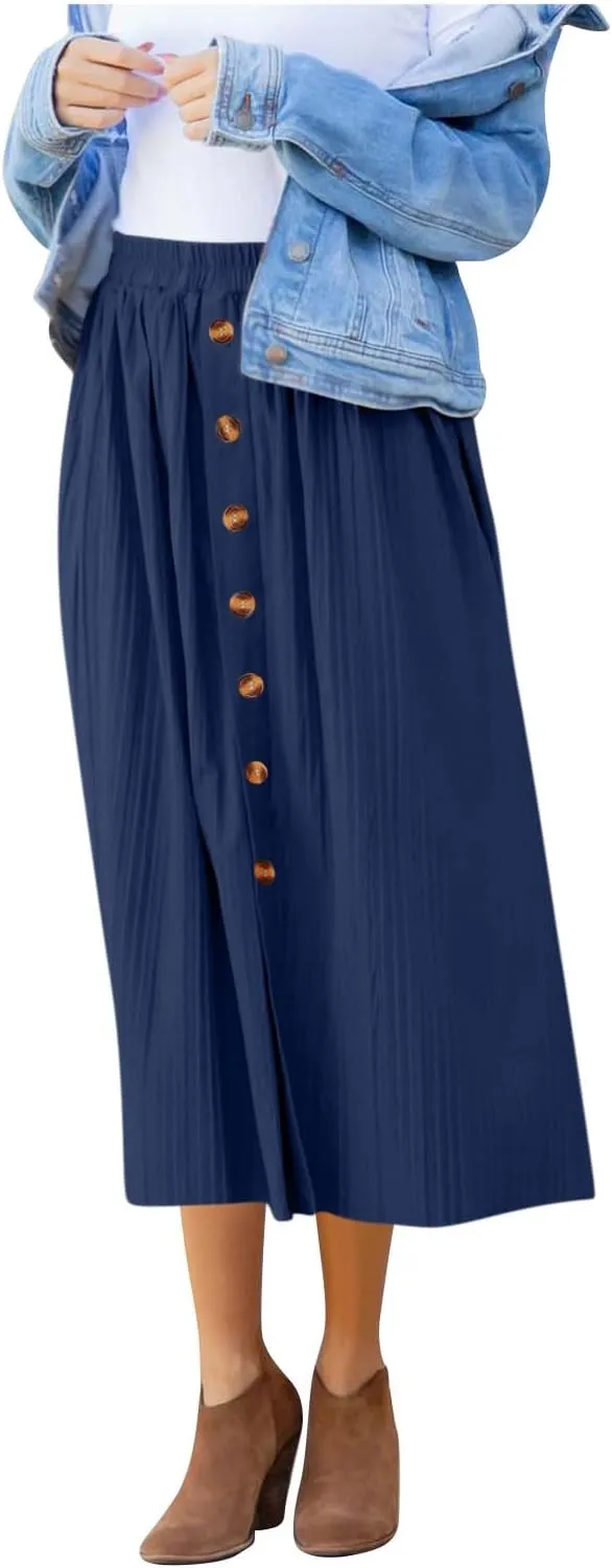 Women's Casual Elastic High Waisted Button Decor Skirt A-Line Pleated Flowy Beach Vacation Midi Long Skirts