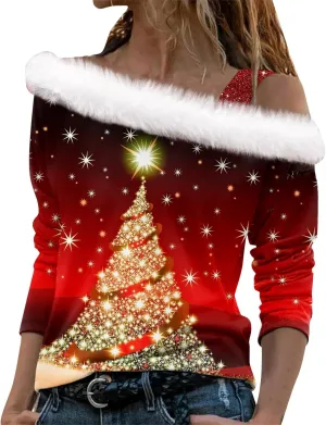 Womens Christmas Cold Shoulder Tops Long Sleeve Oversized Off Shoulder T-Shirt Cute Tree Snowflake Print Tunic Top