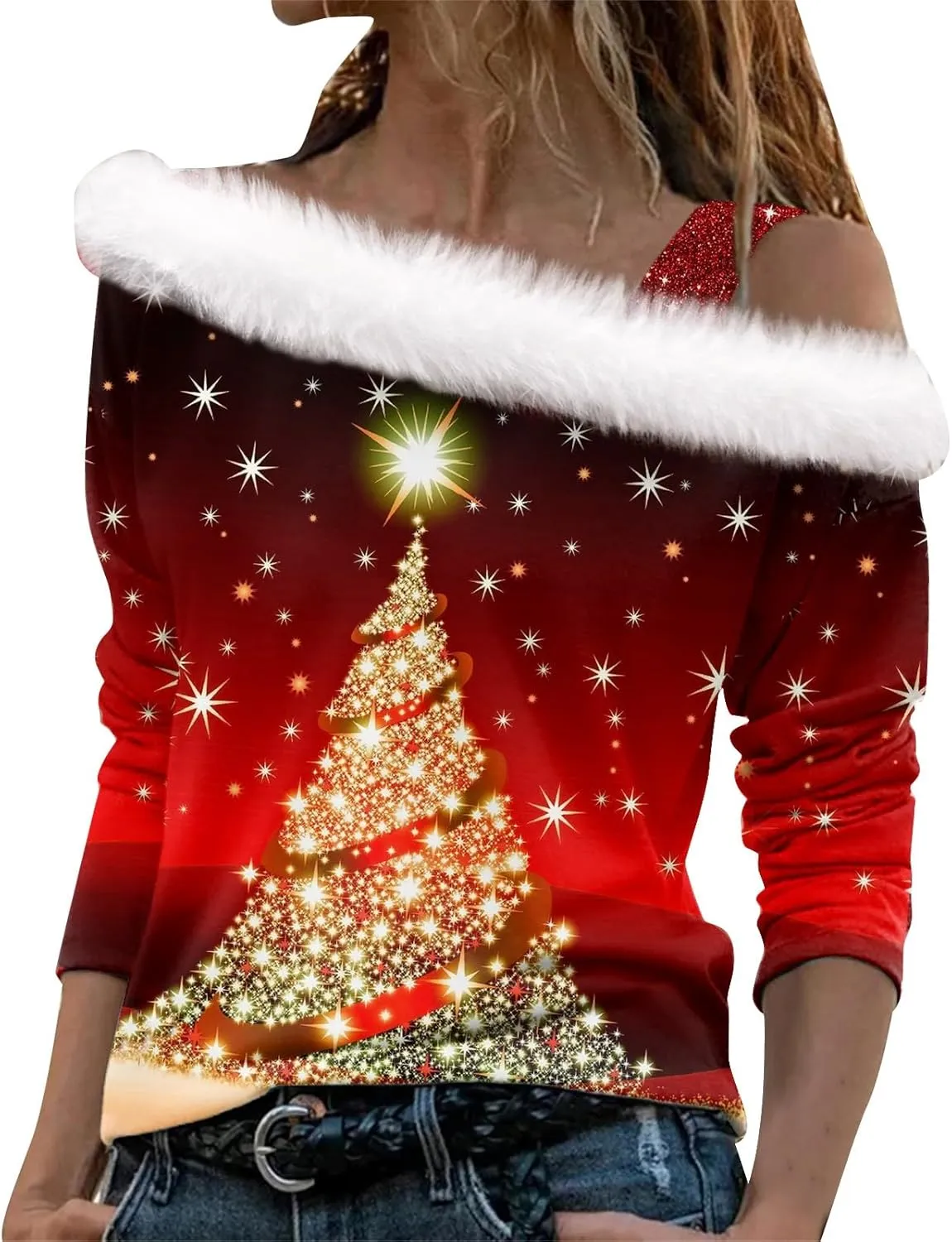 Womens Christmas Cold Shoulder Tops Long Sleeve Oversized Off Shoulder T-Shirt Cute Tree Snowflake Print Tunic Top