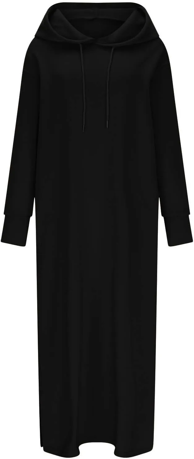 Women's Fall Winter Pullover Maxi Dress Baggy Loose Long Sleeve Drawstring Hooded Sweatshirt Long Dresses Plus Size