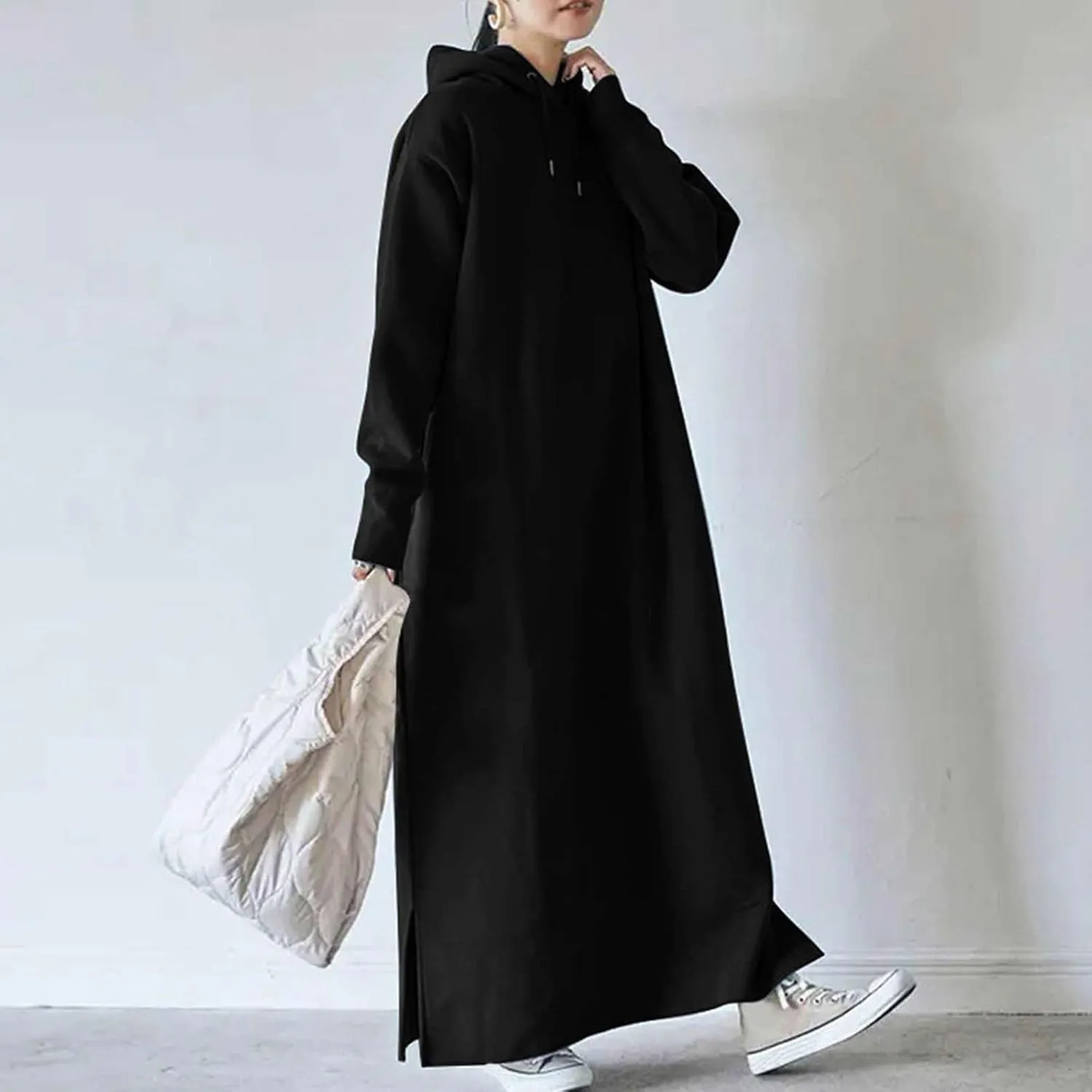 Women's Fall Winter Pullover Maxi Dress Baggy Loose Long Sleeve Drawstring Hooded Sweatshirt Long Dresses Plus Size