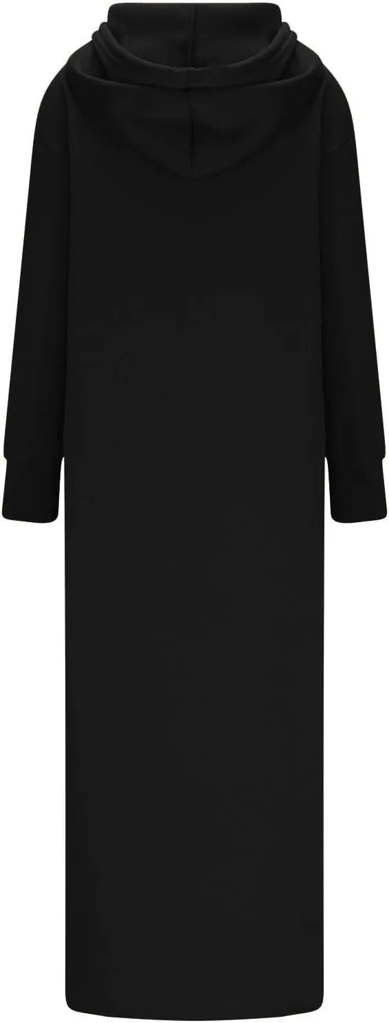 Women's Fall Winter Pullover Maxi Dress Baggy Loose Long Sleeve Drawstring Hooded Sweatshirt Long Dresses Plus Size