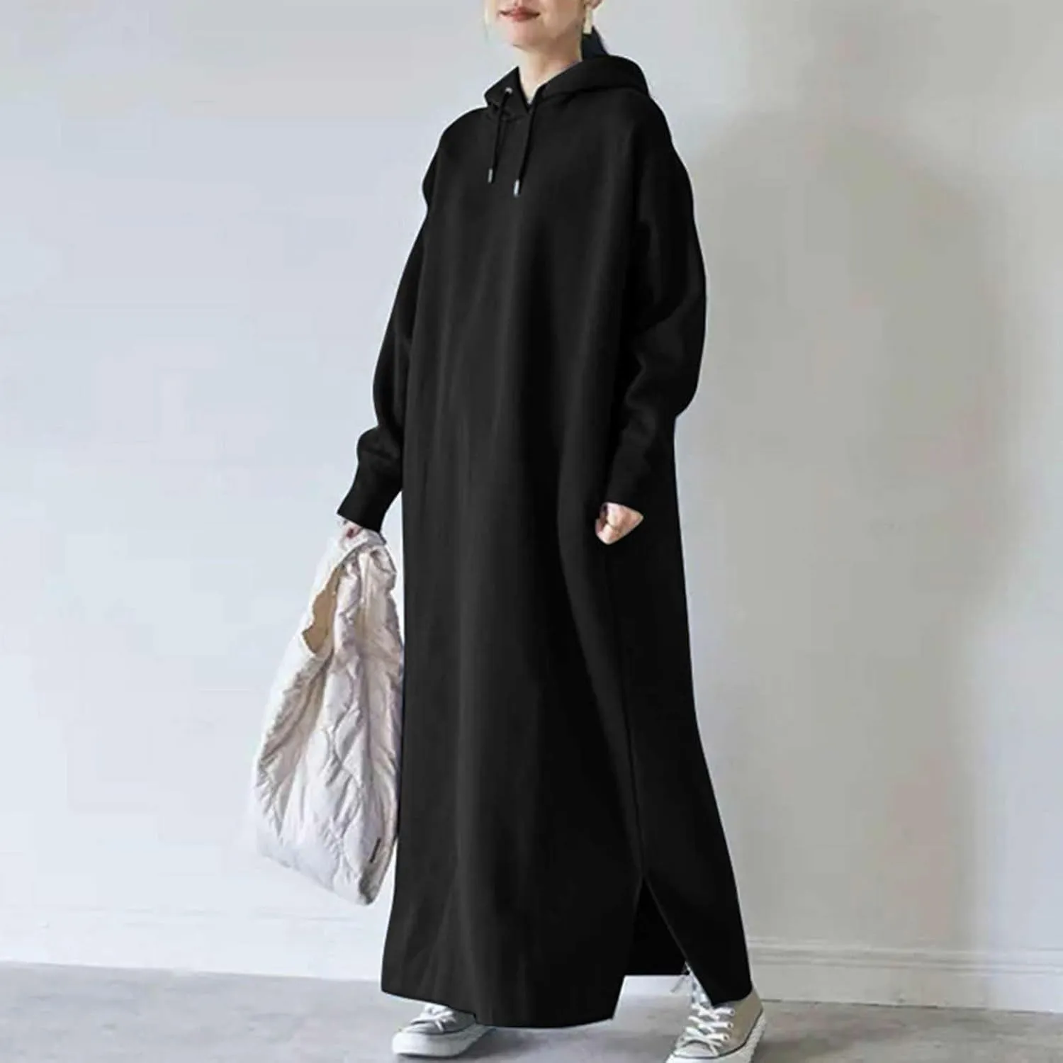 Women's Fall Winter Pullover Maxi Dress Baggy Loose Long Sleeve Drawstring Hooded Sweatshirt Long Dresses Plus Size
