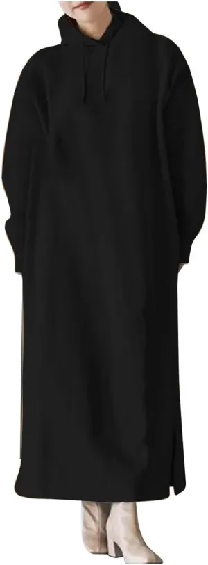 Women's Fall Winter Pullover Maxi Dress Baggy Loose Long Sleeve Drawstring Hooded Sweatshirt Long Dresses Plus Size