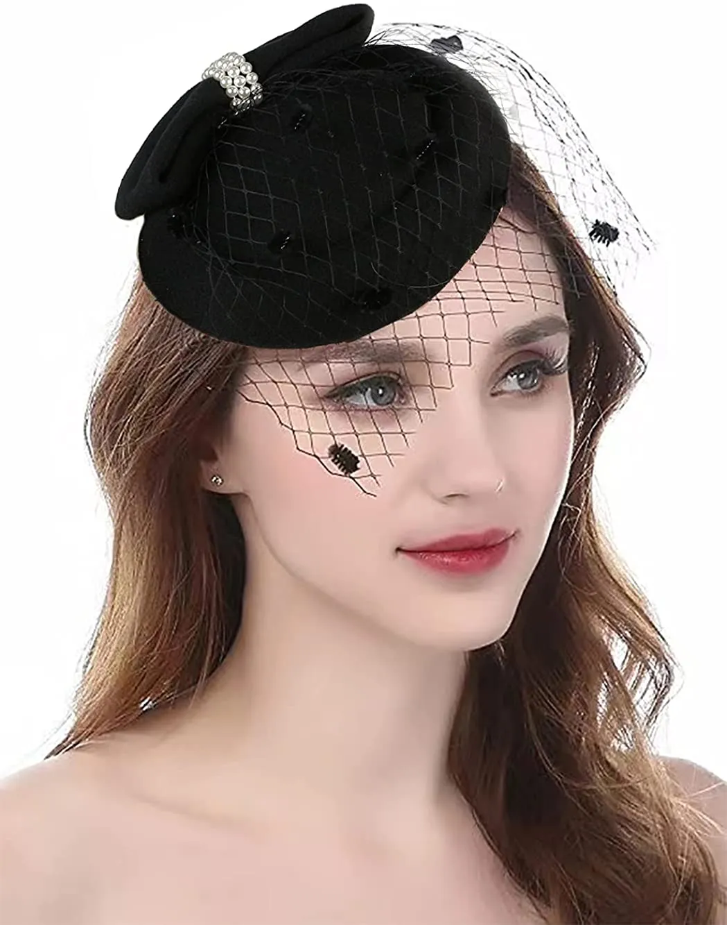 Women's Fascinator Birdcage Hat Vintage Bridal Wedding Costume Headpiece Bow Pearls