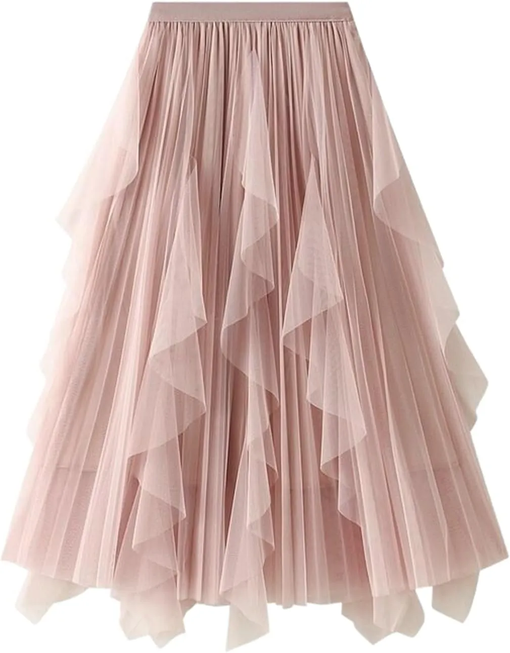 Women's Layered Ruffle Mesh Pleated Midi Skirt,High Waist for Spring