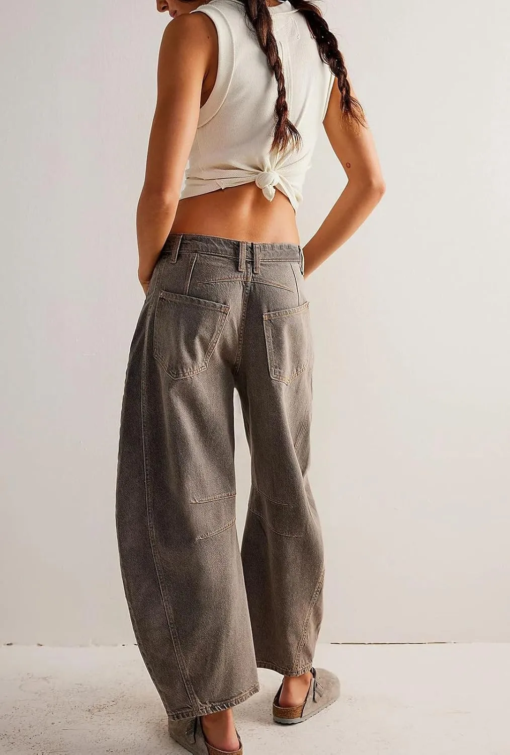 Womens Stretchy Mid Rise Barrel Jeans Vintage Loose Wide Leg Cropped Denim Pants Y2k Baggy Boyfriend Jeans