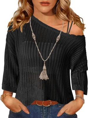 Zeagoo Womens Summer Tops Crochet Sweaters Resort Wear 3/4 Sleeve Hollow Out Knit Tops 2025 Beach Coverup